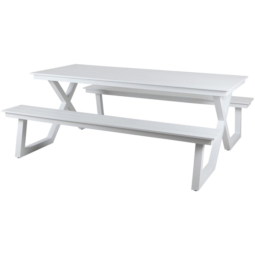 Mesa de comedor Darby con bancos, color blanco