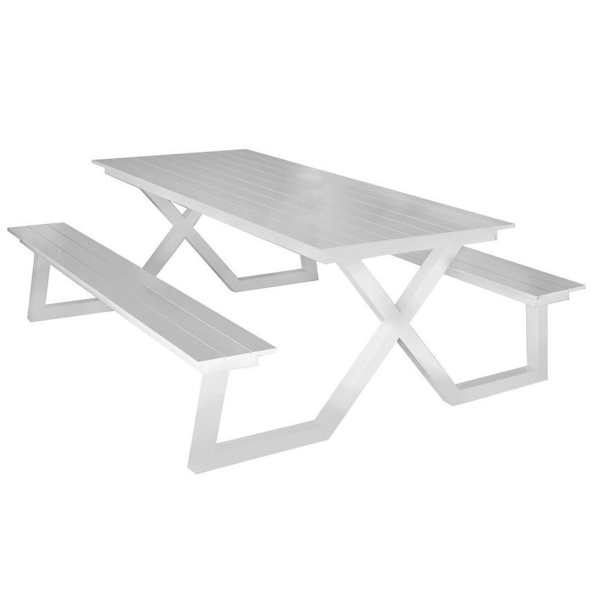 Mesa de comedor Darby con bancos, color blanco