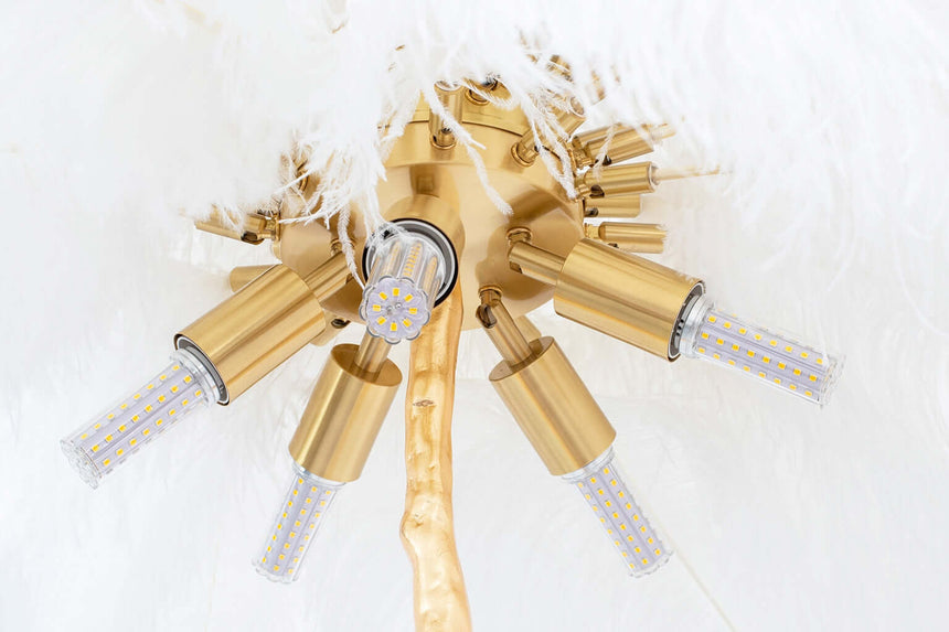 Lámpara de pie Tiffany 175 – latón blanco / pluma natural