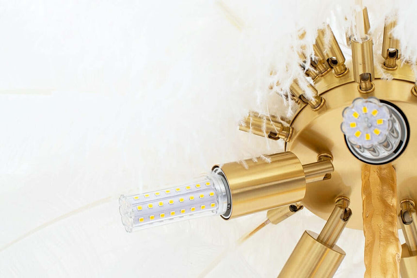 Lámpara de pie Tiffany 175 – latón blanco / pluma natural