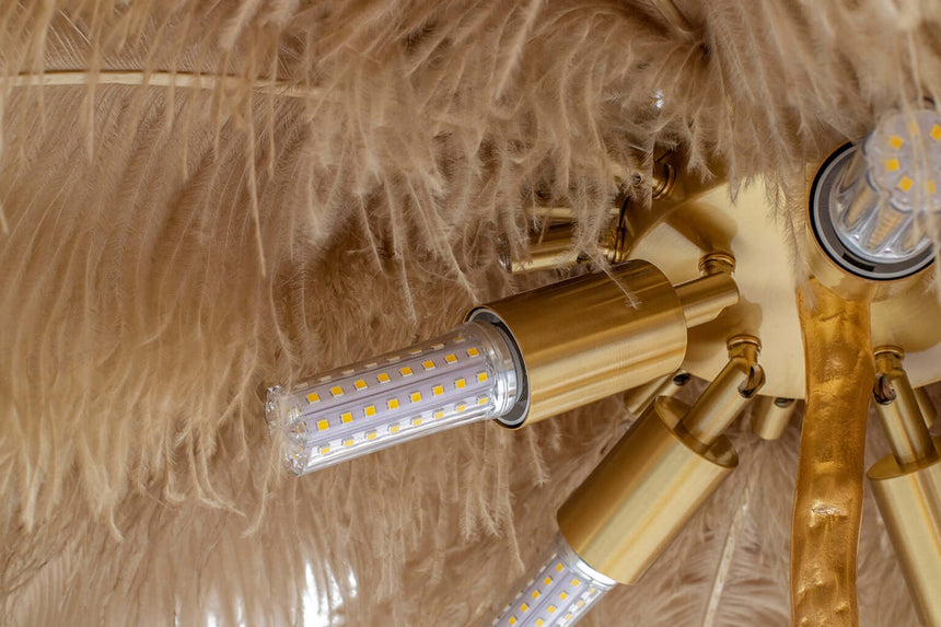 Lámpara de pie Tiffany 175 – latón beige / pluma natural