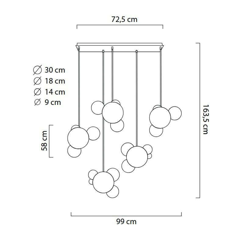 Lámpara colgante Capri Line 5 dorada – 300 LED, aluminio, cristal