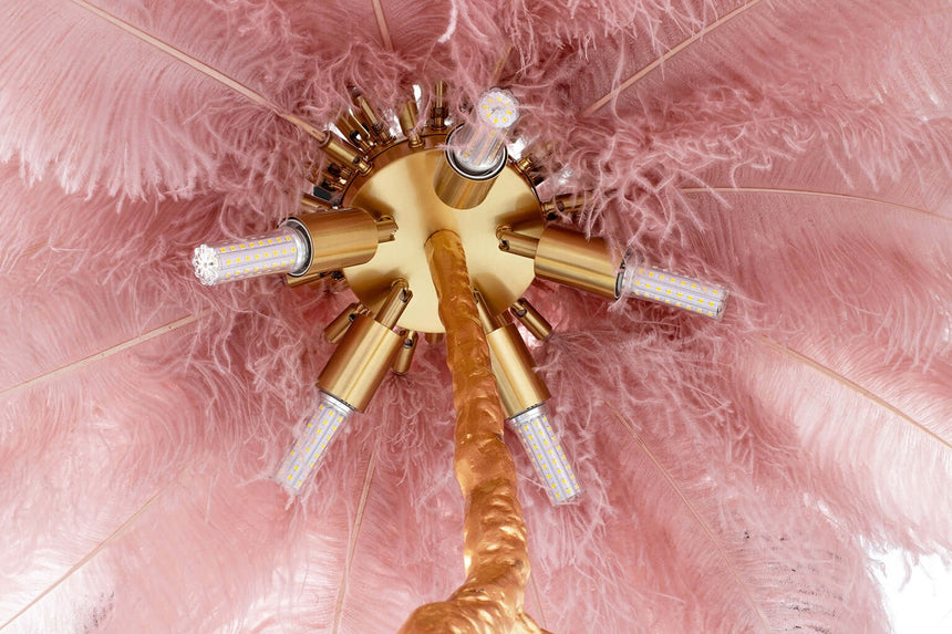 Lámpara de pie Tiffany 175 color rosa-cobre / con plumas naturales