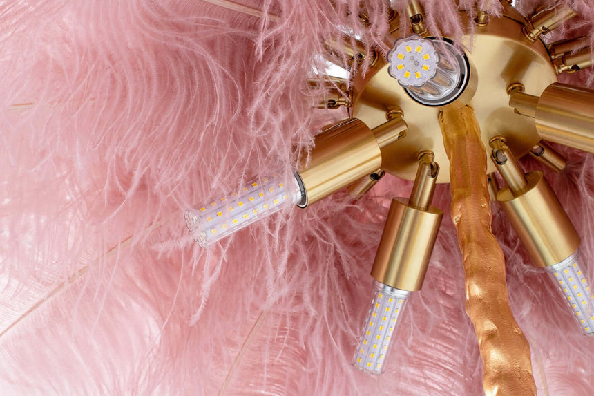 Lámpara de pie Tiffany 175 color rosa-cobre / con plumas naturales