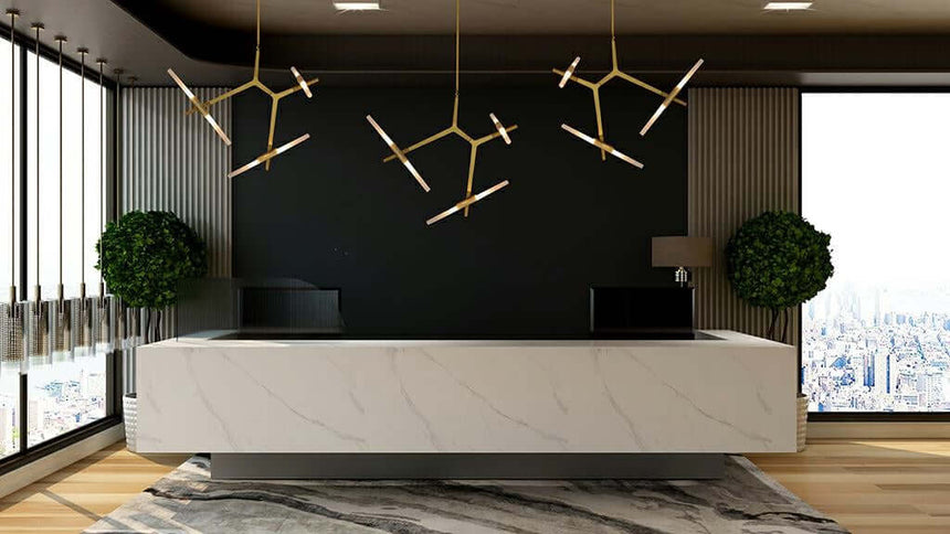 Candelabro 6 lámparas colgantes oro – aluminio, cristal