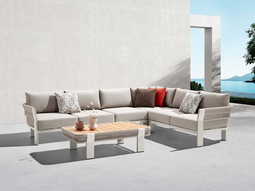 Conjunto de sofá esquinero de jardín Higold Borromeo de 5 plazas, color topo